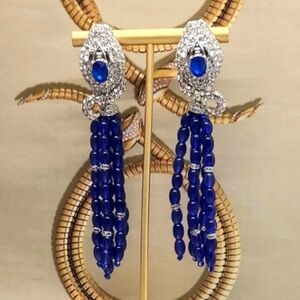 Vintage Estate Crystal & Lapis Lazuli Snake Tassle Silver Earrings